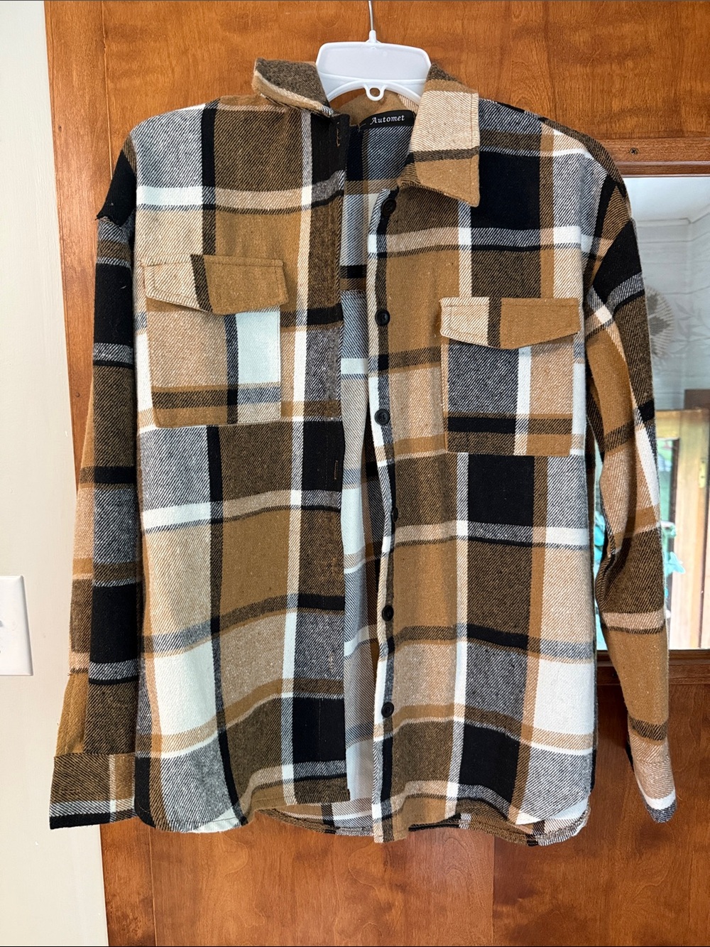 Plaid Flannel Shacket in Camel, Black & Cream